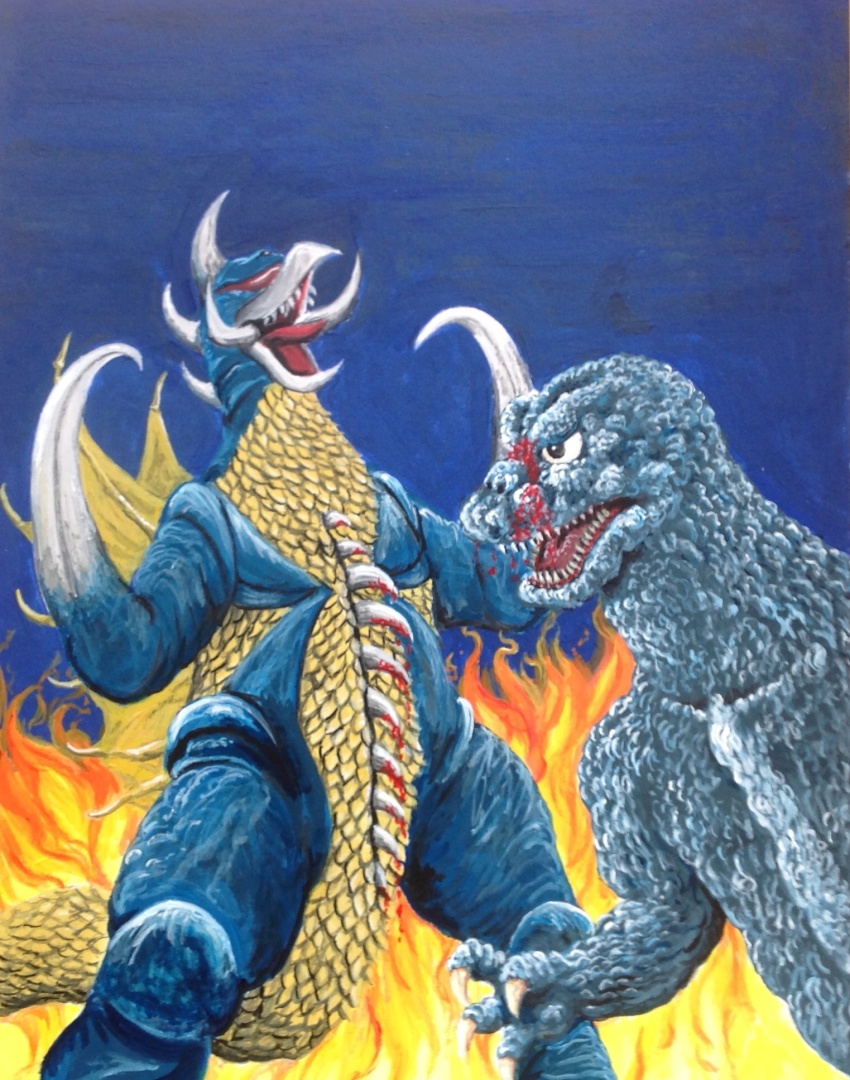 alien bleeding blood buzzsaw_(tool) cyborg dinosaur fire gigan godzilla godzilla_(series) godzilla_vs._gigan highres kaiju night no_humans saw thermacabe toho