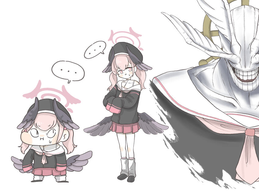 1boy 2girls absurdres alternate_costume blue_archive chibi chibi_only dcinside_(website) dotomari halo highres jujutsu_kaisen koharu_(blue_archive) looking_to_the_side multiple_girls pink_halo school_uniform serafuku simple_background white_background