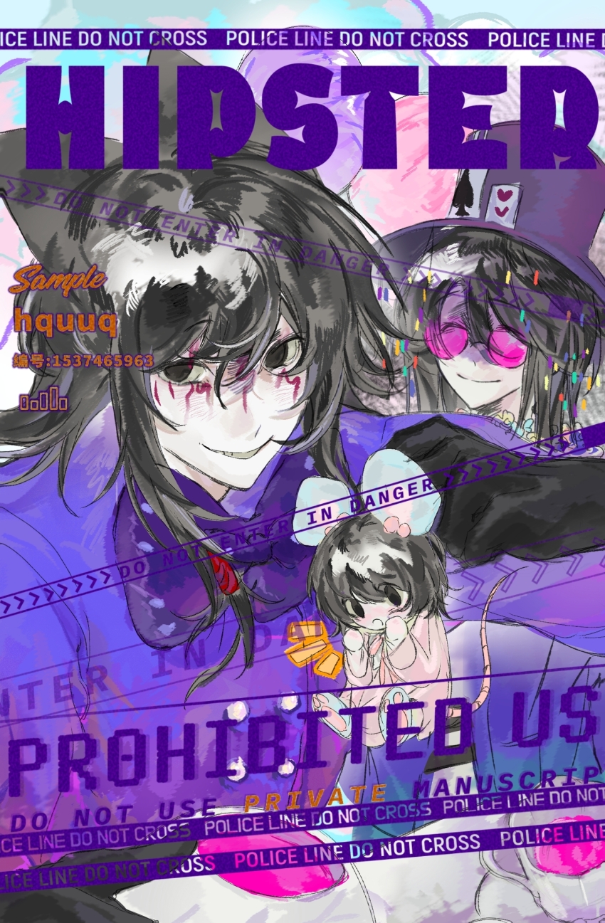 1girl 2boys animal_ears artist_request black_eyes black_gloves black_hair blue_jacket bow bowtie card card_in_hat cat_boy cat_ears chinese_commentary closed_eyes closed_mouth commentary_request commission dress facepaint gloves grin hair_between_eyes hat highres huai_huizhi huai_yunqing jacket kemonomimi_mode long_sleeves medium_hair mini_person minigirl mouse_ears mouse_girl mouse_tail multiple_boys neck_ribbon notice_lines official_alternate_costume open_mouth pink-tinted_eyewear pink_dress pink_ribbon playing_card purple_bow purple_bowtie purple_hat ribbon round_eyewear second-party_source smile tail tinted_eyewear too_many_watermarks touqi_guaitan watermark ziche_fuzhao