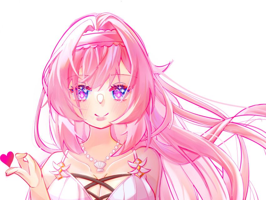 1girl bare_shoulders blue_eyes breasts chinese_commentary cleavage commentary_request commission elysia_(honkai_impact) elysia_(miss_pink_elf)_(honkai_impact) elysia_(summer_miss_elf)_(honkai_impact) hairband heart honkai_(series) honkai_impact_3rd jewelry large_breasts long_hair looking_at_viewer necklace official_alternate_costume pink_hair shell shell_necklace simple_background solo upper_body very_long_hair white_background yingjingxue90662