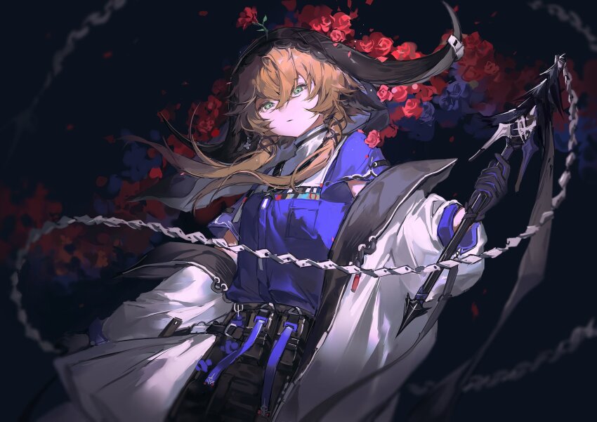 1girl animal_ears arknights belt_pouch black_gloves brown_hair commentary_request cow_ears cow_girl cow_horns flail flower flower_on_head gloves green_eyes hair_between_eyes highres holding holding_flail horn_ornament horn_ring horns long_sleeves looking_at_viewer pallas_(arknights) pouch red_flower red_rose rose shirt short_hair_with_long_locks solo veil weapon yunouou10