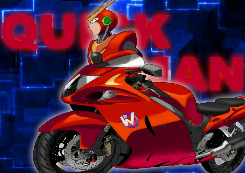 1boy android arm_rest armor cable character_name closed_mouth commentary_request expressionless from_side green_eyes helmet highres logo looking_at_viewer looking_to_the_side male_focus mega_man_(classic) mega_man_(series) mega_man_2 mega_man_megamix motor_vehicle motorcycle quick_man red_armor red_headwear robot robot_ears solo standing takenokonoko unused_tire