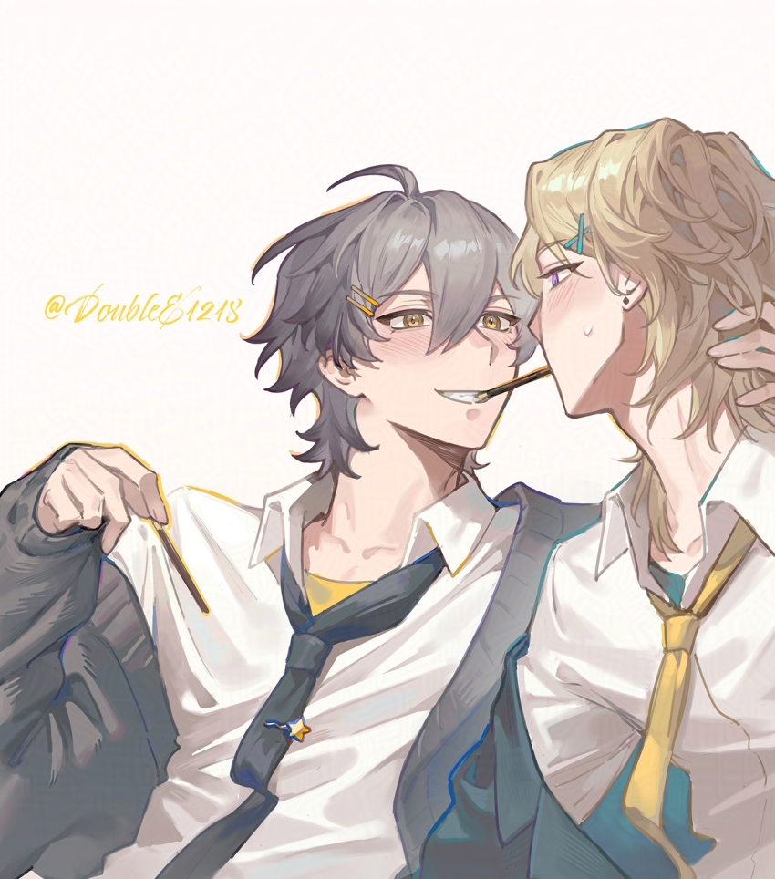 2boys ahoge alternate_costume artist_name aventurine_(honkai:_star_rail) black_jacket black_necktie blonde_hair blush caelus_(honkai:_star_rail) cardigan collarbone collared_shirt ear_piercing fingernails food food_in_mouth grey_hair grey_sweater hair_between_eyes hair_ornament hairclip hand_around_neck hand_up highres holding holding_food holding_pocky honkai:_star_rail honkai_(series) jacket lapels long_sleeves looking_at_another male_focus mealove1218 multiple_boys necktie open_cardigan open_clothes open_jacket piercing pocky pocky_in_mouth pocky_kiss puffy_long_sleeves puffy_sleeves purple_eyes shared_food shirt short_hair simple_background smile star_pin sweatdrop sweater teeth trailblazer_(honkai:_star_rail) upper_body white_background white_shirt x_hair_ornament yaoi yellow_eyes yellow_necktie