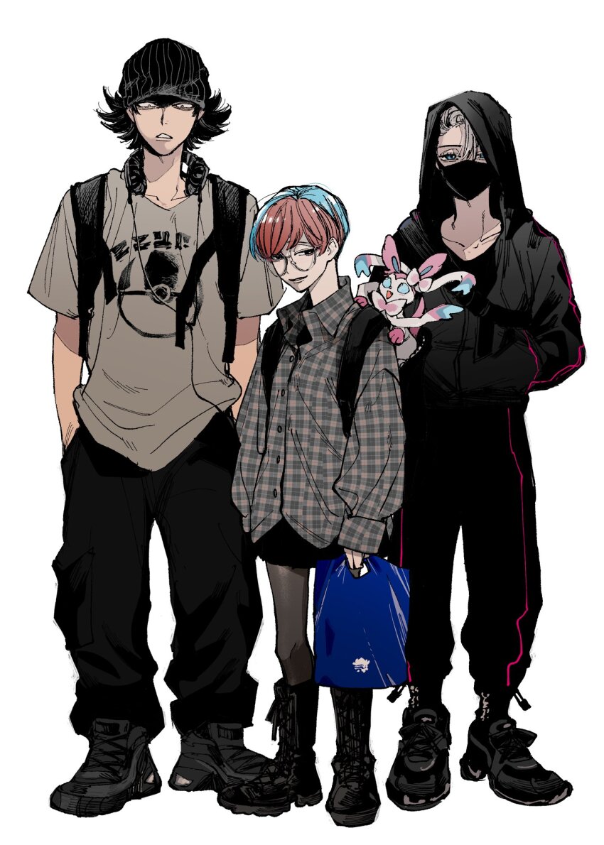 0020xl 1girl 2boys animal animal_on_shoulder atticus_(pokemon) backpack bag beanie black_boots black_eyes black_hair blue_bag blue_eyes blue_hair boots bow bright_pupils collared_shirt full_body gen_6_pokemon giacomo_(pokemon) glasses hat headphones highres holding hood hood_up jacket long_sleeves mask mouth_mask multicolored_hair multiple_boys nintendo open_mouth pants penny_(pokemon) pointy_hair pokemon pokemon_(creature) pokemon_sv print_shirt red_hair round_eyewear shirt short_hair simple_background smile sylveon tail team_star teeth two-tone_hair white_background white_hair