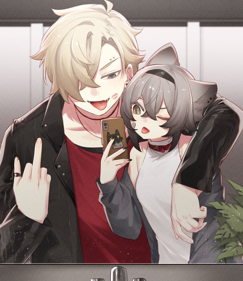 1boy 1girl bathroom black_jacket blonde_hair cellphone degrees_of_lewdity eyebrow_piercing grey_hair hair_between_eyes hair_over_one_eye highres holding holding_phone jacket jewelry kai_(drakkai10) lipstick_mark_on_cheek middle_finger mirror one_eye_closed open_clothes open_jacket open_mouth original phone piercing red_shirt ring selfie shirt shoya_(kai_(drakkai10)) sleeveless sleeveless_shirt smartphone tongue tongue_out upper_body white_shirt whitney_(degrees_of_lewdity) whitney_(male)_(degrees_of_lewdity)