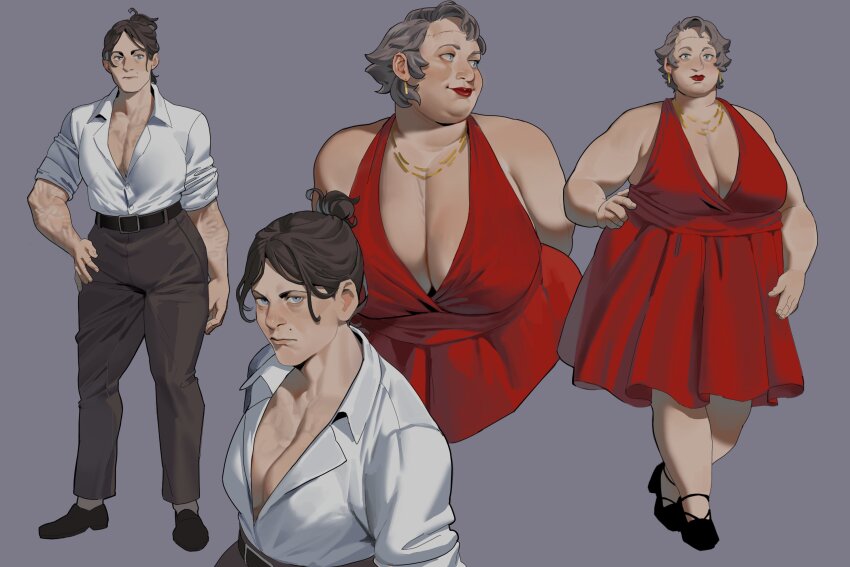 2girls breasts brown_hair brown_pantyhose deadman_(death_stranding) death_stranding dress elinapires_(lewalrus) fat fat_woman genderswap genderswap_(mtf) highres huge_breasts large_breasts mature_female multiple_girls pantyhose red_dress sam_porter_bridges scar shirt surgical_scar white_shirt