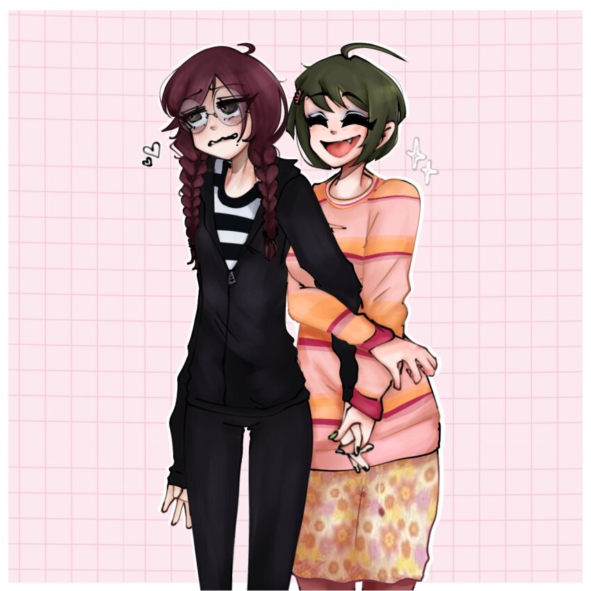 2girls ahoge braid closed_eyes closed_mouth couple danganronpa_(series) danganronpa_another_episode:_ultra_despair_girls fang female_focus formal_clothes fukawa_toko green_hair grey_eyes grid grid_background heart highres holding_hands imaginaryiand interlocked_fingers long_hair long_sleeves multiple_girls naegi_komaru open_mouth pink_background simple_background skirt smile source_request suit sweater twin_braids twintails yuri