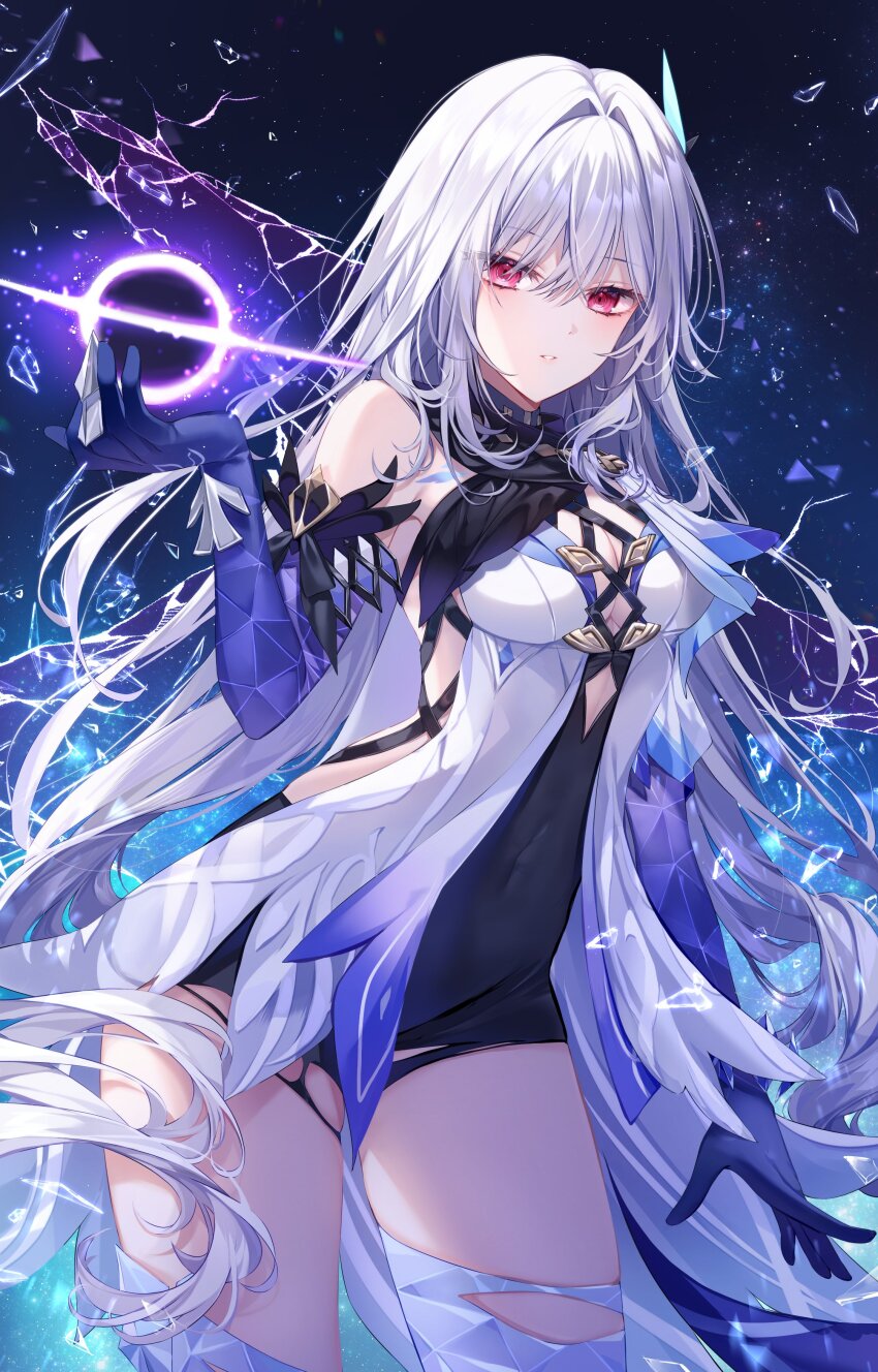 1girl absurdres bare_shoulders black_hole breasts cleavage floating_hair genshin_impact grey_hair hair_between_eyes hand_up highres long_hair parted_lips pink_eyes prosthesis prosthetic_arm prosthetic_leg skirk_(genshin_impact) solo standing taya_oco very_long_hair