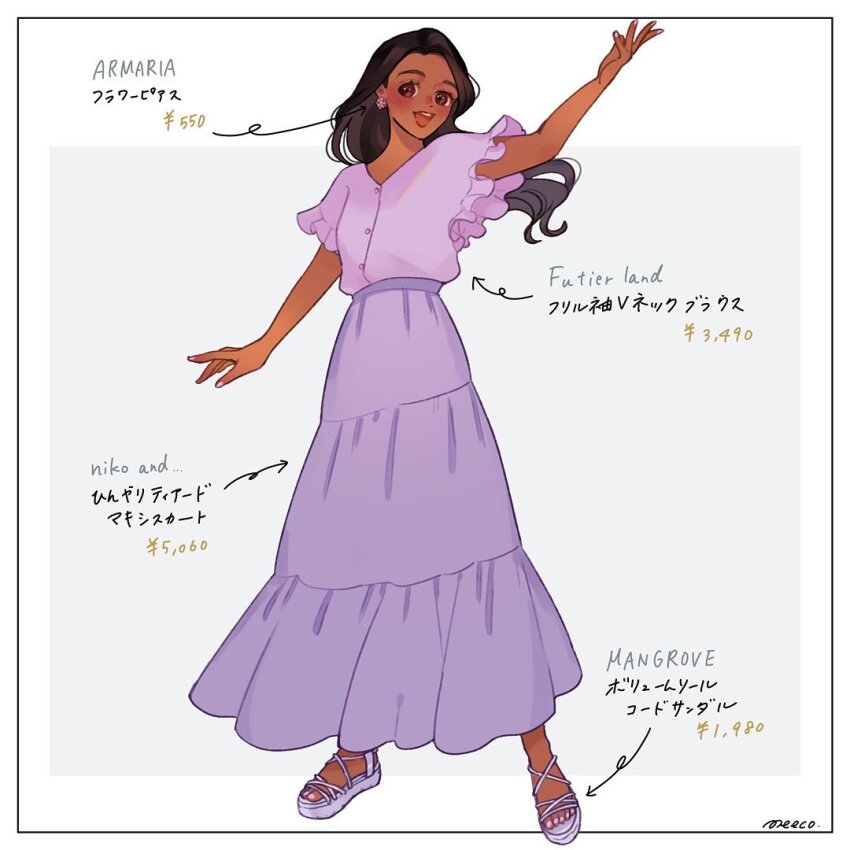 1girl alternate_costume brown_eyes brown_hair dark-skinned_female dark_skin dress earrings encanto flower full_body hair_flower hair_ornament happy isabela_madrigal jewelry long_hair meecosme open_mouth purple_dress simple_background smile solo translation_request