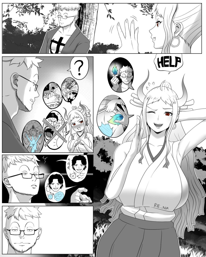 1girl breasts comic highres horns huge_breasts ice impregnation kaidou_(one_piece) kmvt marco_(one_piece) one_piece portgas_d._ace silent_comic yamato_(one_piece)