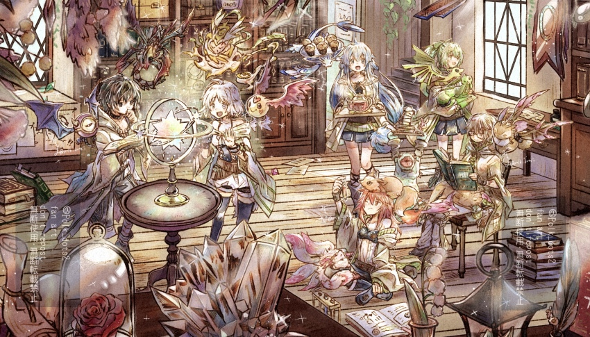 1boy 5girls aqua_hair archfiend_marmot_of_nefariousness aussa_(yu-gi-oh!) aussa_the_earth_charmer black_hair blue_hair book brown_hair crystal day dharc_(yu-gi-oh!) dharc_the_dark_charmer dragon duel_monster eria_(yu-gi-oh!) eria_the_water_charmer flower fox fox_fire_(yu-gi-oh!) gigobyte glasses green_hair grey_hair happy_lover highres hiita hiita_(yu-gi-oh!) hiita_the_fire_charmer holding holding_tray indoors long_hair lyna_(yu-gi-oh!) lyna_the_light_charmer meda_bat mizutama_(mizutamalion) multiple_girls one_eye_closed open_mouth orrery petit_dragon purple_hair reading red_hair rose shelf short_hair sitting skirt smile tray twitter_username white_hair witch wizard wooden_floor wynn_(yu-gi-oh!) wynn_the_wind_charmer yu-gi-oh!
