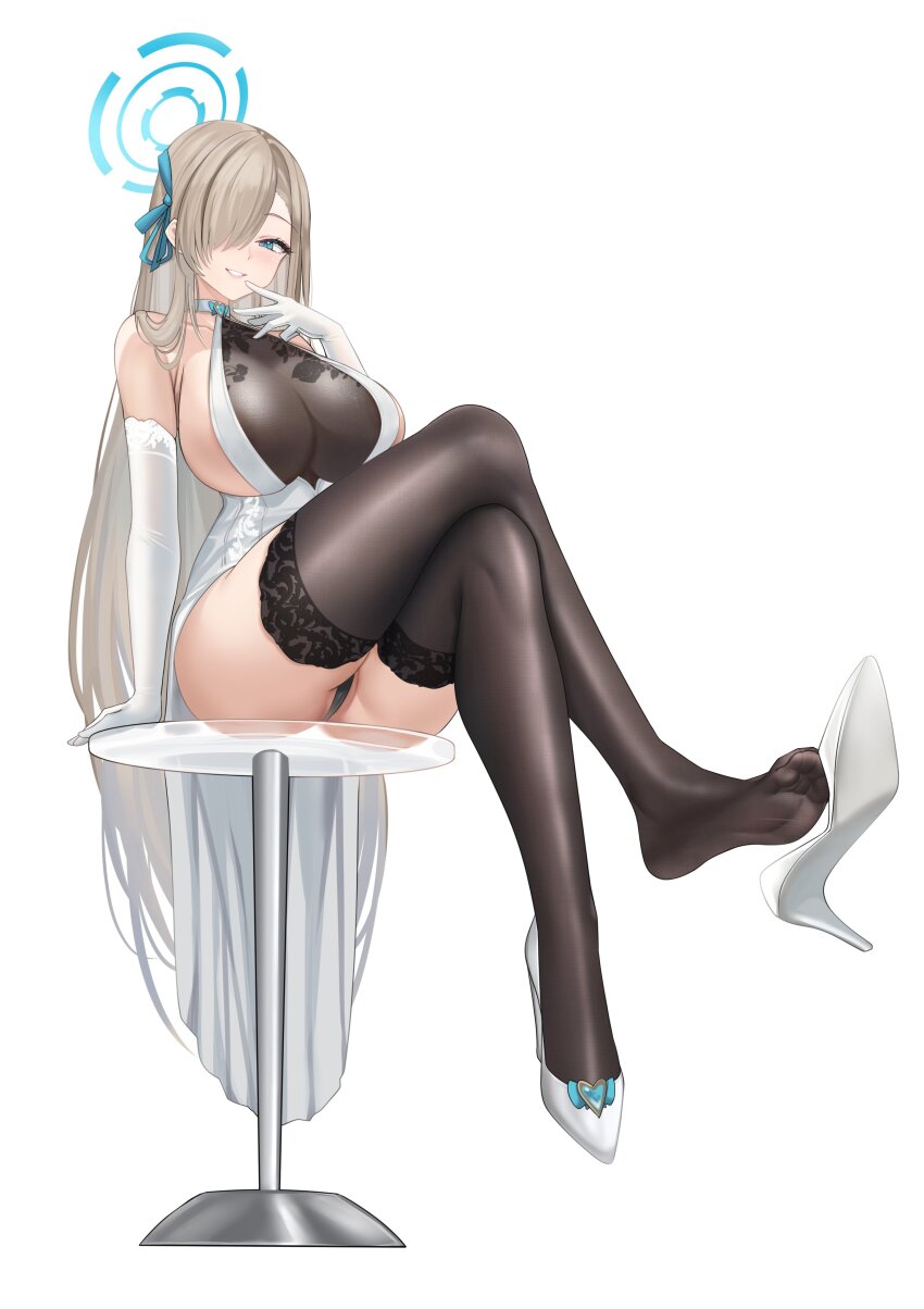 1girl absurdres against_glass alternate_costume areola_slip ass ass_press asuna_(blue_archive) black_thighhighs blue_archive blue_eyes blue_halo blue_ribbon bow breasts collarbone commentary crossed_legs dress elbow_gloves extreme_dangling eyelashes feet gloves hair_bow hair_over_one_eye hair_ribbon halo hand_up high_heels highres huge_breasts jinpaitugounan lace lace-trimmed_legwear lace_trim large_areolae large_breasts legs light_brown_hair long_hair one_eye_covered parted_lips partially_visible_vulva ribbon second-party_source see-through_clothes shoe_dangle sideboob sitting soles solo thighhighs thighs toes very_long_hair white_dress white_footwear white_gloves