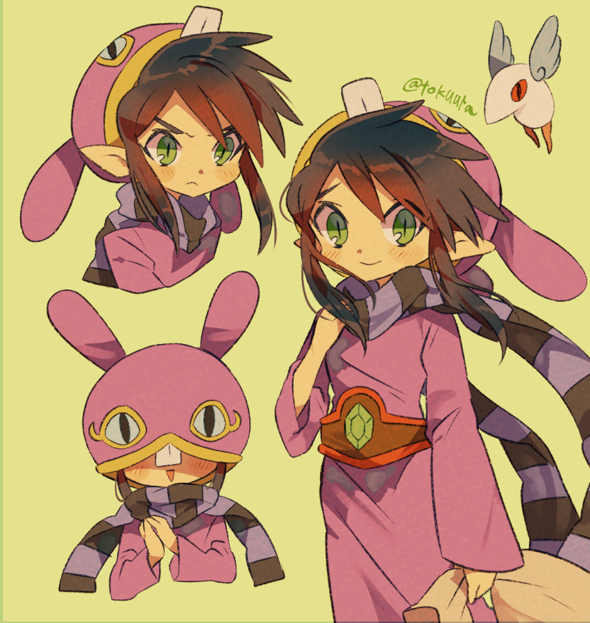 1girl artist_name blush brown_hair character_request closed_mouth commentary_request green_eyes highres holding holding_sack hood hood_up long_sleeves looking_at_viewer male_focus multiple_views nintendo open_mouth own_hands_together pointy_ears ravio sack sash scarf sheerow sidelocks smile striped_clothes striped_scarf the_legend_of_zelda tokuura twitter_username watermark