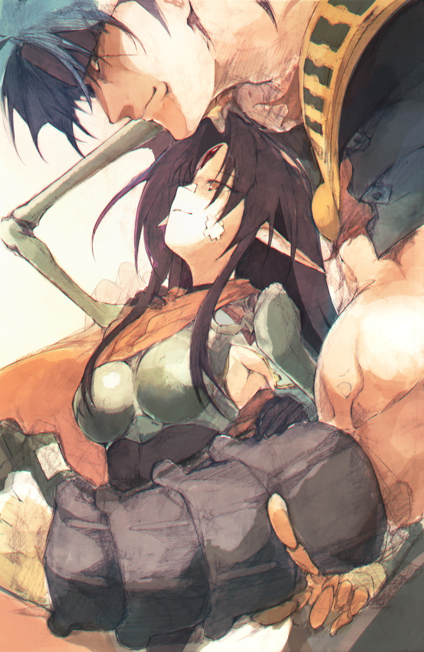 1boy 1girl armor black_hair blue_hair forehead_jewel highres hunty_kalar kalar_(race) looking_at_another mechanical_arms patton_misnarge pointy_ears profile rance_(series) size_difference smile tsutsugano
