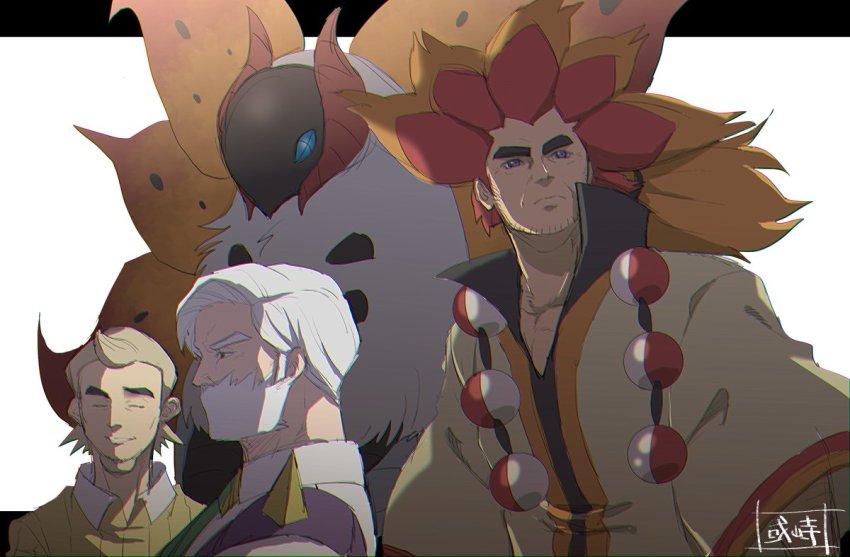 3boys alder_(pokemon) beard blonde_hair cedric_juniper closed_eyes closed_mouth collared_shirt commentary_request drayden_(pokemon) facial_hair from_below gen_5_pokemon grey_eyes gym_leader hair_tie long_hair male_focus multicolored_hair multiple_boys nintendo old old_man orange_hair pokemon pokemon_(creature) pokemon_bw poncho red_hair sanwari_(aruji_yume) shirt short_hair two-tone_hair volcarona white_hair white_shirt