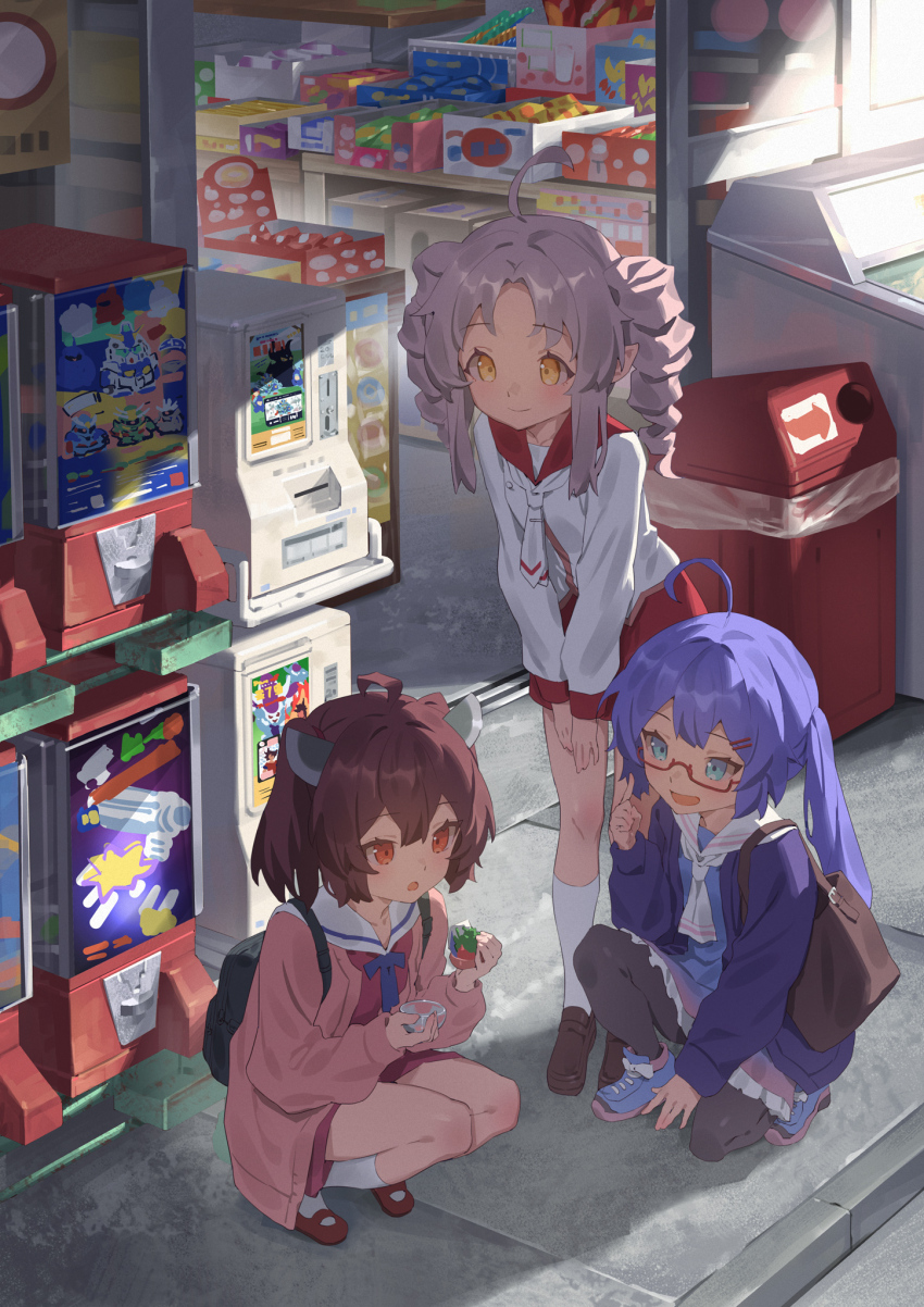 3girls ahoge backpack bag black_pantyhose blue_eyes blue_shirt brown_hair cardigan day drill_hair gashapon glasses grey_hair headgear highres holding holding_toy index_finger_raised leaning_forward long_hair long_sleeves looking_at_object multiple_girls necktie on_one_knee onikko_hunter_tsuina-chan open_mouth otomachi_una otomachi_una_(talkex) outdoors pantyhose pink_cardigan pink_skirt pointy_ears purple_cardigan purple_hair red_eyes red_skirt sailor_collar school_uniform serafuku shirt shoes short_twintails sidewalk skirt smile sneakers socks squatting storefront touhoku_kiritan toy tsuina-chan twin_drills twintails vocaloid voiceroid white_necktie white_sailor_collar white_shirt white_socks yamamomo_(plank)