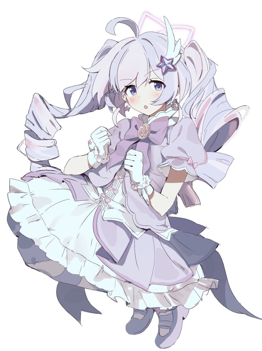 1girl ahoge blue_archive blush bow bowtie clenched_hands drill_hair earrings frilled_gloves frilled_skirt frills full_body gloves hair_ornament halo hands_up highres jacket jewelry long_hair looking_at_viewer magical_girl multicolored_hair official_alternate_costume open_clothes open_jacket pantyhose parted_lips pink_bow pink_hair puffy_short_sleeves puffy_sleeves purple_bow purple_bowtie purple_eyes purple_hair purple_jacket purple_pantyhose purple_shoes reisa_(blue_archive) reisa_(magical)_(blue_archive) shirt shirt_bow shoes short_sleeves simple_background skirt star_(symbol) star_earrings star_hair_ornament star_halo striped_clothes striped_pantyhose twin_drills two-tone_hair white_background white_gloves white_shirt white_skirt wing_hair_ornament yamanonba