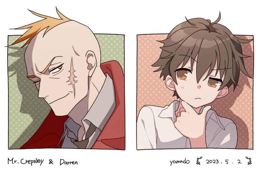 2boys black_hair brown_eyes coat darren_shan highres larten_crepsley multiple_boys orange_hair red_coat scar scar_on_face short_hair smile the_saga_of_darren_shan upper_body yamado