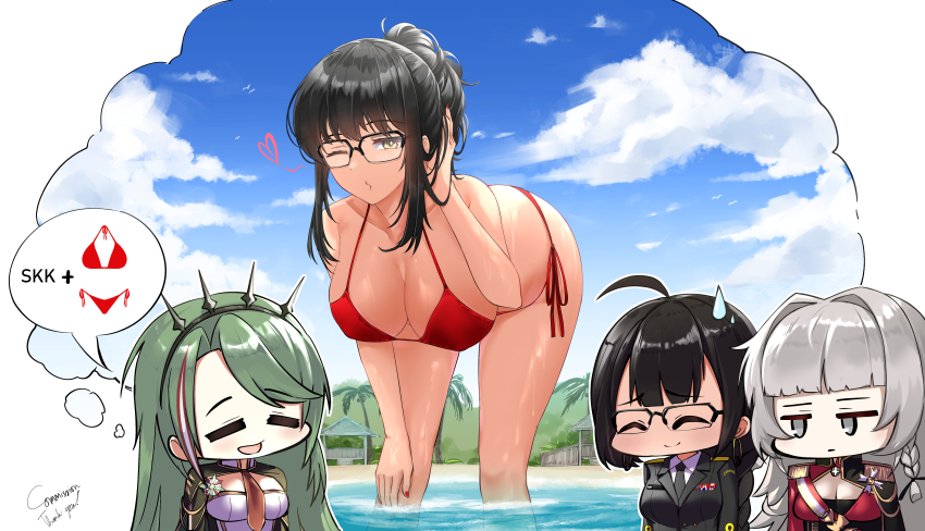 3girls absurdres ahoge aiguillette azur_lane beach bent_over bikini bird black_dress black_hair black_necktie blue_sky braid breasts cape chibi chibi_inset cleavage closed_eyes cloud collar commander_(azur_lane) commentary commission day dress earrings embarrassed english_commentary english_text epaulettes female_commander_(azur_lane) gold_trim green_eyes green_hair grey_eyes grey_hair hair_intakes headgear heart highres hoop_earrings hut imagining irkawaza italian_flag jacket jewelry large_breasts littorio_(azur_lane) long_hair military military_uniform multicolored_hair multiple_girls name_tag naval_uniform necktie ocean one_eye_closed open_mouth palm_tree puckered_lips red_bikini red_hair red_jacket red_necktie ribbon_bar sand semi-rimless_eyewear shirt shrug_(clothing) side_braids sidelocks sky speech_bubble sweatdrop swimsuit thought_bubble tree updo very_long_hair vittorio_veneto_(azur_lane) water wet white_collar white_dress white_shirt