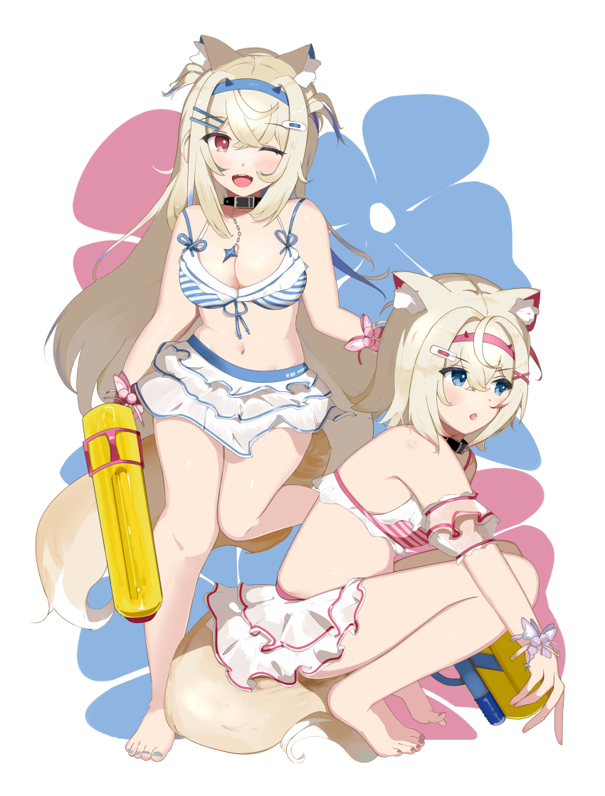 2girls absurdres alternate_costume animal_ear_fluff animal_ears bandaid bandaid_hair_ornament bare_shoulders bikini bikini_skirt blonde_hair blue_bikini blue_eyes blue_hair blue_nails bluesandesei breasts cleavage collarbone dog_ears dog_girl dog_tail frilled_bikini frilled_bikini_top frills fuwawa_abyssgard hair_ornament hairclip highres holding holding_water_gun hololive hololive_english horn_hairband large_breasts long_hair looking_at_viewer medium_breasts mococo_abyssgard multiple_girls nail_polish navel parallel_hairclips pink_bikini pink_eyes pink_hair pink_nails pink_wrist_cuffs short_hair siblings simple_background sisters squatting stomach striped_bikini striped_clothes swimsuit tail toenail_polish toenails twins virtual_youtuber water_gun white_background wrist_cuffs x_hair_ornament