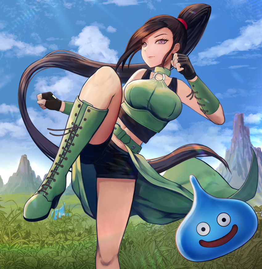 1girl arm_guards asymmetrical_bangs bike_shorts black_gloves black_shorts black_tank_top boots breasts bustier clenched_hand collarbone commentary day dragon_quest dragon_quest_xi fingerless_gloves floating_clothes floating_hair gloves grass green_boots green_bustier high_ponytail highres kicking large_breasts leg_up looking_at_viewer martina_(dq11) navel o-ring o-ring_top open_mouth outdoors ponytail purple_eyes purple_hair shorts slime_(dragon_quest) solo_focus sue_(frederica--bernkastel) tank_top