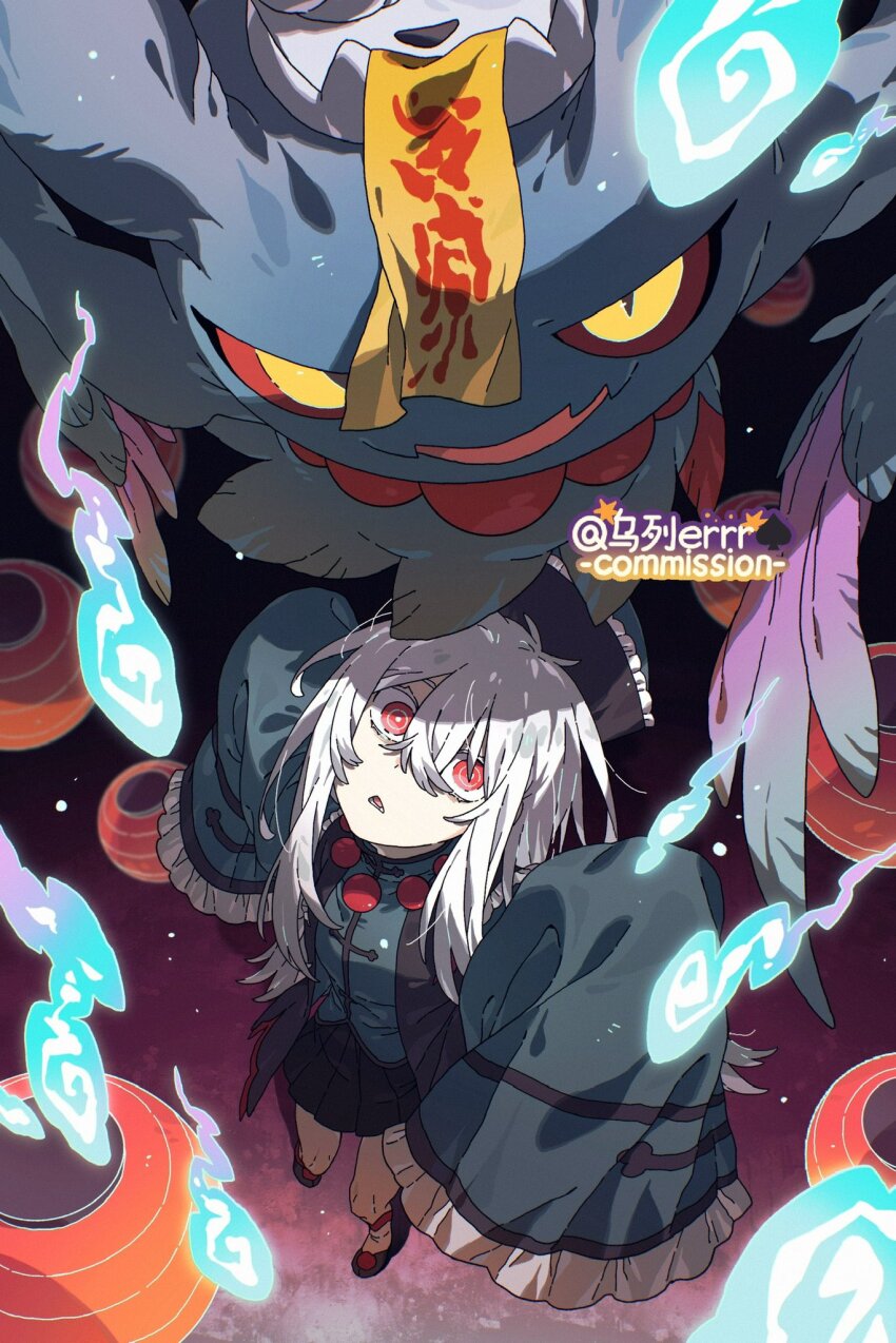 1girl bead_necklace beads black_shoes black_skirt blue_fire blue_shirt chinese_clothes colored_sclera fang feathers fire flutter_mane full_body hat highres jewelry jiangshi lantern long_hair long_sleeves looking_at_viewer necklace nintendo ofuda ofuda_on_head open_mouth outstretched_arms paper_lantern pokemon pokemon_(creature) prayer_beads purple_background purple_feathers qingdai_guanmao red_eyes red_sclera shirt shoes simple_background skin_fang skirt standing talisman white_hair will-o&#039;-the-wisp_(mythology) wulie_errr yellow_eyes zombie_pose