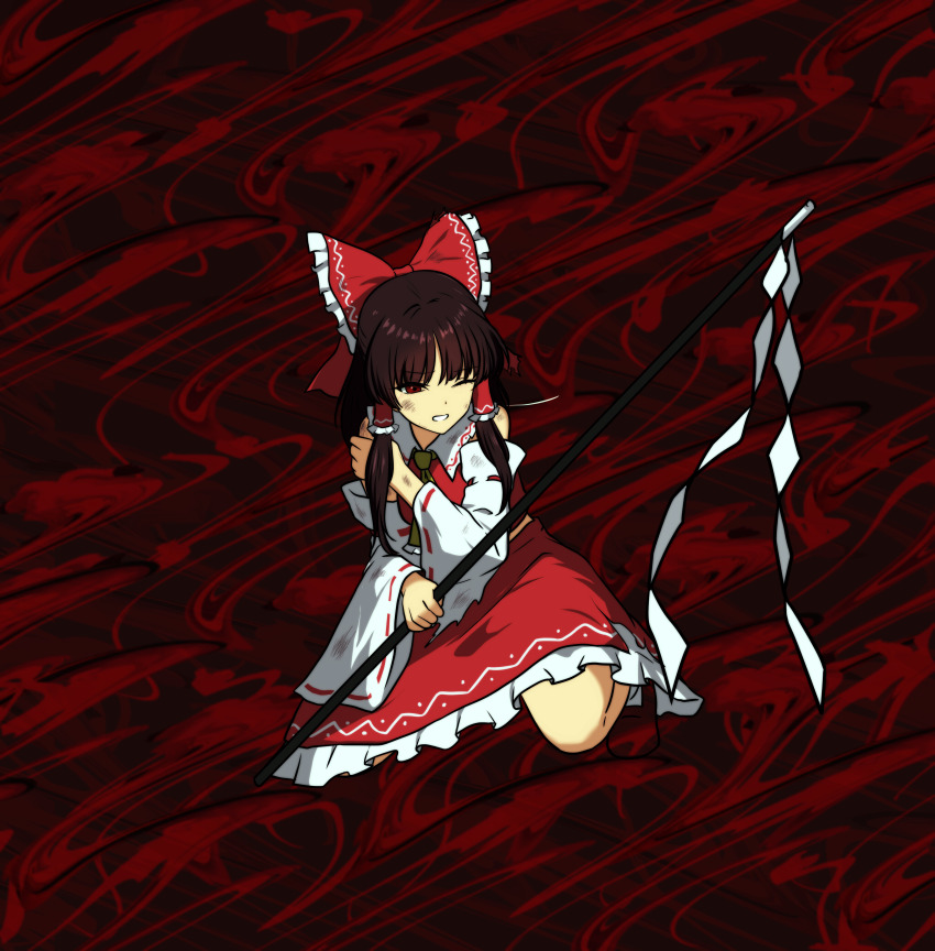 1girl absurdres ascot bow brown_hair clenched_teeth commentary_request detached_sleeves fossilized_wonders frilled_bow frilled_hair_tubes frilled_skirt frills gohei hair_bow hair_tubes hakurei_reimu highres holding holding_gohei long_hair monadmandara one_eye_closed red_bow red_eyes red_skirt ribbon-trimmed_sleeves ribbon_trim scratches skirt skirt_set solo teeth touhou yellow_ascot