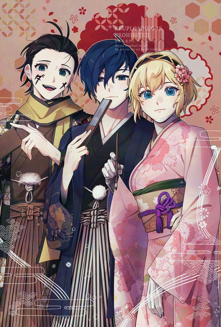 1girl 2boys :3 :d aigis_(persona) alternate_costume arm_around_waist black_hair black_kimono blonde_hair blue_eyes blue_hair body_writing brown_hakama cowboy_shot egasumi elulit2 facepaint floral_print floral_print_kimono flower folded_fan folding_fan hagoita hair_between_eyes hair_flower hair_ornament hair_slicked_back hakama hand_fan hanetsuki haori highres holding holding_brush holding_fan japanese_clothes kimono long_sleeves looking_at_viewer mochizuki_ryouji mole mole_under_eye multiple_boys new_year obiage obijime open_mouth paddle persona persona_3 pink_flower pink_kimono print_kimono sayagata scarf seigaiha shippou_(pattern) short_hair smile striped_hakama tassel vertical-striped_hakama watermark white_hakama wide_sleeves yagasuri yellow_scarf yuuki_makoto_(persona_3)