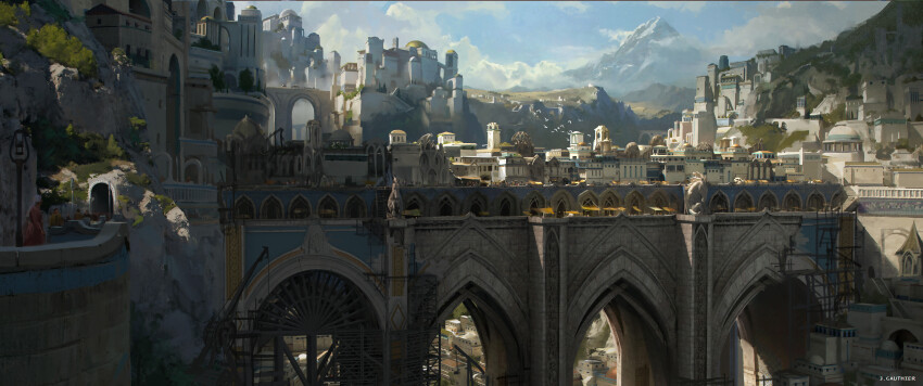1girl absurdres arch bird bridge canyon city cloud cloudy_sky fantasy highres market_stall mountain mountainous_horizon numenor official_art renart rings_of_power scaffolding scenery sky tolkien&#039;s_legendarium watermark