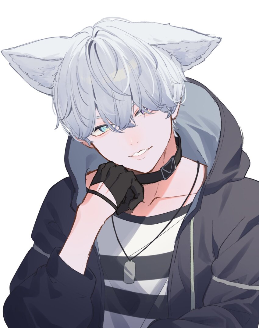 1boy animal_ears bishounen black_collar black_gloves black_hoodie black_jacket blue_eyes cat_boy collar collarbone dog_boy dog_ears dog_tags extra_ears gloves grey_hair hair_between_eyes hair_over_one_eye hand_up head_rest head_tilt highres hood hood_down hooded_jacket hoodie jacket jewelry long_sleeves looking_at_viewer male_focus minase_(vrchat) necklace open_clothes open_jacket parted_lips shirt short_hair simple_background smile solo striped_clothes striped_shirt tofu_vrc upper_body vrchat white_background white_hair white_shirt
