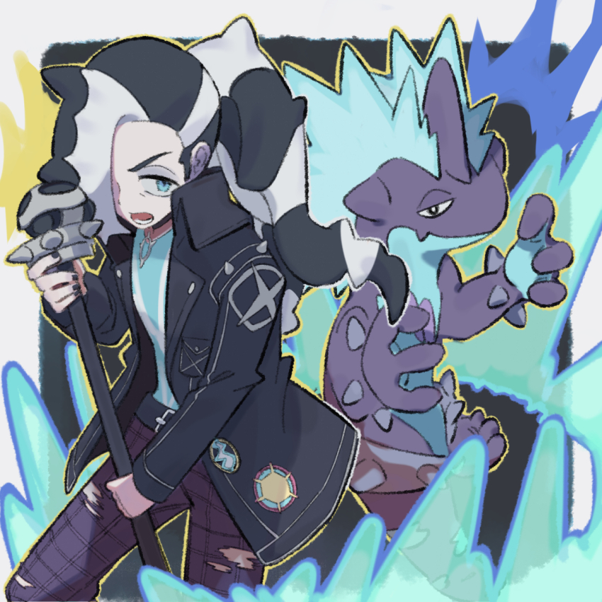 1boy aqua_eyes black_jacket black_nails commentary_request gen_8_pokemon green_shirt high_collar highres holding holding_microphone_stand jacket long_hair long_sleeves lower_teeth_only male_focus microphone_stand multicolored_hair nail_polish nintendo official_alternate_costume open_clothes open_jacket open_mouth pants piers_(pokemon) piers_(sygna_suit)_(pokemon) pokemon pokemon_(creature) pokemon_masters_ex purple_pants saku^2_(sakujiro) shirt teeth torn_clothes torn_pants toxtricity toxtricity_(low_key) two-tone_hair