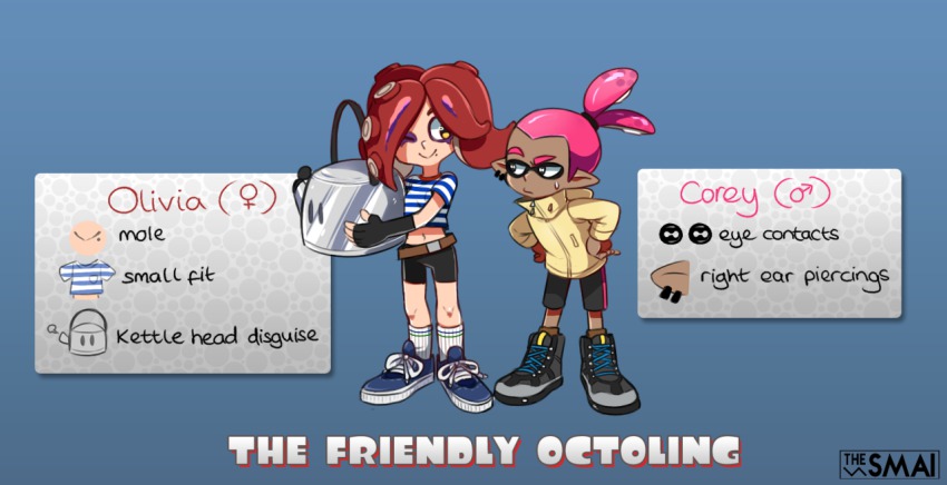 1boy 1girl artist_name bad_id bad_tumblr_id belt bike_shorts black_gloves reference_sheet dark_skin earrings english_text fingerless_gloves gloves gradient_background hands_on_own_hips holding inkling inkling_boy inkling_player_character jewelry kettle mars_symbol mole mole_under_mouth nintendo one_eye_closed pink_hair ponytail red_hair sami_(artist) sami_briggs shirt shoes shorts smile sneakers socks splatoon_(series) splatoon_1 striped_clothes striped_shirt sweatdrop takozonesu tank_top tentacle_hair tentacles venus_symbol yellow_eyes