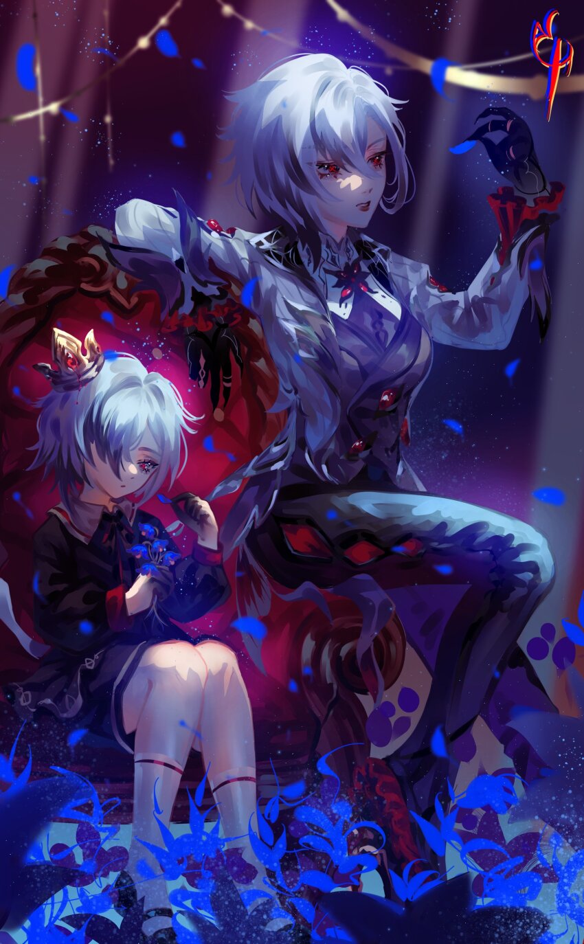 2girls absurdres arlecchino_(genshin_impact) black_hair black_hands black_pants black_shirt coat coconuthound colored_extremities commentary crown dual_persona genshin_impact grey_coat grey_hair highres leggings long_sleeves multicolored_hair multiple_girls pants shirt short_hair sitting streaked_hair