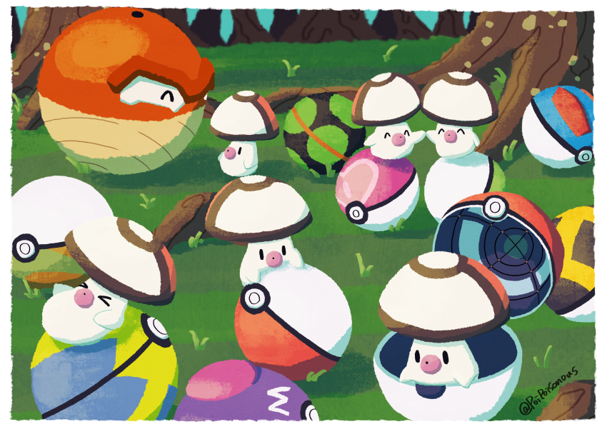 &gt;_&lt; ^_^ absurdres border closed_eyes dusk_ball foongus gen_5_pokemon grass great_ball highres hisuian_voltorb in_poke_ball love_ball master_ball nest_ball nintendo open_poke_ball outdoors poipoisonous poke_ball poke_ball_(basic) pokemon pokemon_(creature) quick_ball tree ultra_ball white_border
