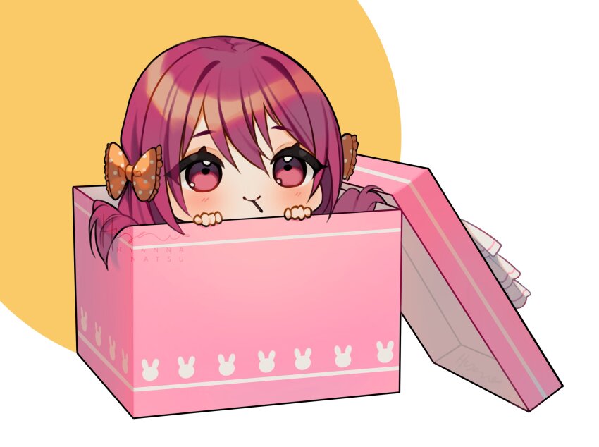1girl blush bow box chibi circle closed_mouth commentary english_commentary eyelashes food food_in_mouth frilled_bow frills gift hair_between_eyes hair_bow hair_flowing_over happy highres hyanna-natsu in_box in_container lid long_hair looking_ahead low_twintails original pink_eyes pink_hair pocky pocky_in_mouth polka_dot polka_dot_bow ribbon smile solo twintails two-tone_background white_background white_ribbon ych_commission yellow_background yellow_bow
