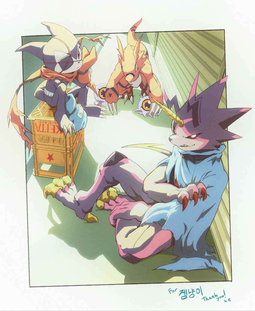 black_scales black_sclera blue_cloak blue_gloves border cloak colored_sclera demon_boy digimon digimon_(creature) dinosaur dragon fewer_digits gloves group_picture guilmon guilmon_x-antibody gulusgammamon highres horns impmon impmon_x-antibody kubota_keita kuramon red_gloves red_scales second-party_source single_horn sitting white_border