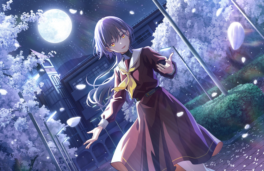 1girl :d brown_dress dress dutch_angle falling_petals feet_out_of_frame full_moon game_cg grey_hair hair_ornament hasu_no_sora_school_uniform highres in-universe_location katsuragi_izumi link!_like!_love_live! long_hair long_sleeves looking_at_viewer love_live! medium_dress moon neckerchief night night_sky non-web_source official_art open_mouth orange_eyes outdoors petals pleated_dress sailor_collar sailor_dress school school_uniform sky slit_pupils smile solo standing star_(sky) starry_sky tree triangle_hair_ornament virtual_youtuber white_petals white_sailor_collar winter_uniform wolf_cut yellow_neckerchief
