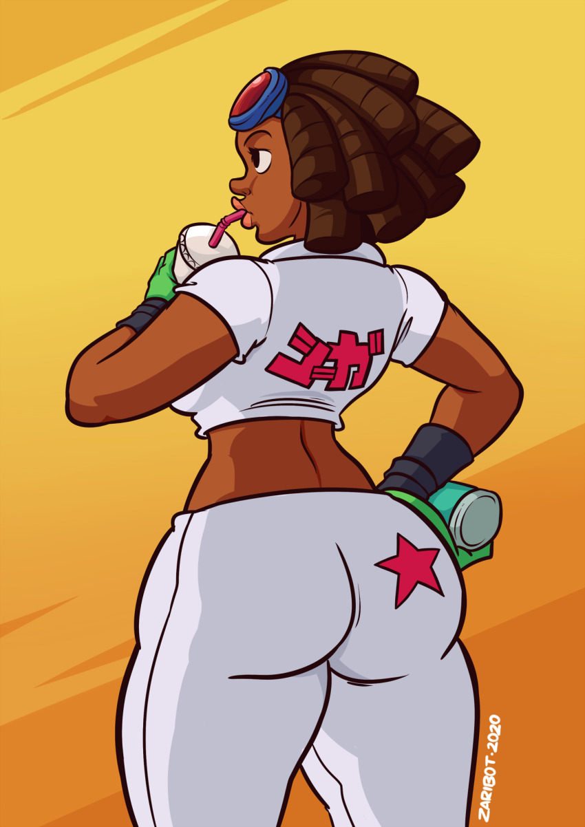 1girl artist_name ass ass_focus back brown_eyes brown_hair dark-skinned_female dark_skin drill_hair drink gloves goggles goggles_on_head highres huge_ass jet_set_radio midriff piranha_(jsr) sega spray_can thick_lips thick_thighs thighs zaribot