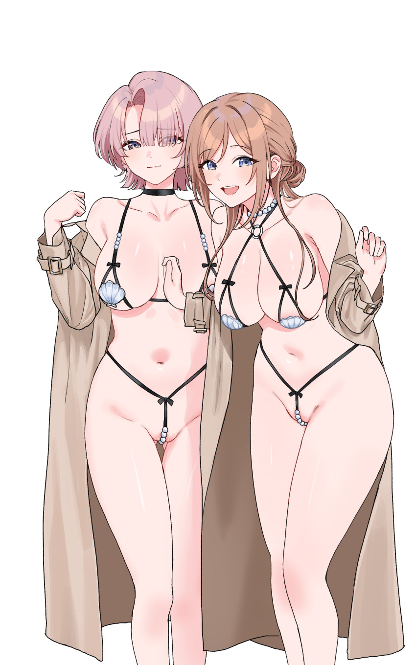 2girls absurdres arimura_mao asymmetrical_bangs bare_legs bikini bikini_under_clothes black_choker breasts brown_coat brown_hair choker coat collarbone commentary_request feet_out_of_frame gakuen_idolmaster groin highres himesaki_rinami idolmaster large_breasts long_hair multiple_girls navel nonbire pearl_choker pearl_thong pink_hair shell shell_bikini short_hair simple_background stomach swimsuit white_background