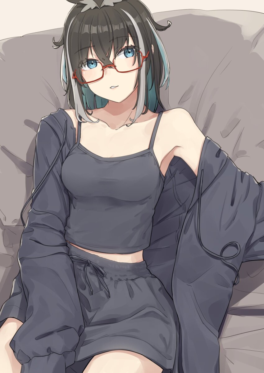 1girl alternate_costume atsushima bean_bag_chair black_hair black_jacket black_shorts black_tank_top blue_eyes blue_hair blush breasts commentary_request cowboy_shot dolphin_shorts glasses grey_background grey_hair hair_between_eyes highres jacket jacket_partially_removed long_bangs looking_at_viewer medium_breasts medium_hair multicolored_hair nanashi_inc. oura_rukako parted_lips red-framed_eyewear shorts smile solo streaked_hair tank_top virtual_youtuber