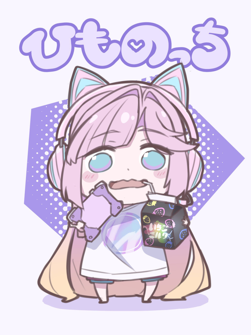 1girl :d animal_ear_headphones animal_ears anyoji_hime anyoji_hime_(summer_loungewear) blonde_hair blue_eyes blunt_bangs blush blush_stickers cat_ear_headphones chibi chibi_only commentary_request cosplay drinking_straw drinking_straw_in_mouth fake_animal_ears gradient_hair hair_intakes handheld_game_console headphones highres himouto!_umaru-chan holding holding_handheld_game_console holding_milk_carton kirisaki_nuko komaru_(himouto!_umaru-chan) komaru_(himouto!_umaru-chan)_(cosplay) link!_like!_love_live! long_hair looking_at_viewer love_live! milk_carton multicolored_hair official_alternate_costume open_mouth pink_hair pink_headphones shirt shorts sidelocks smile solo standing swept_bangs trait_connection very_long_hair virtual_youtuber wavy_mouth white_shirt