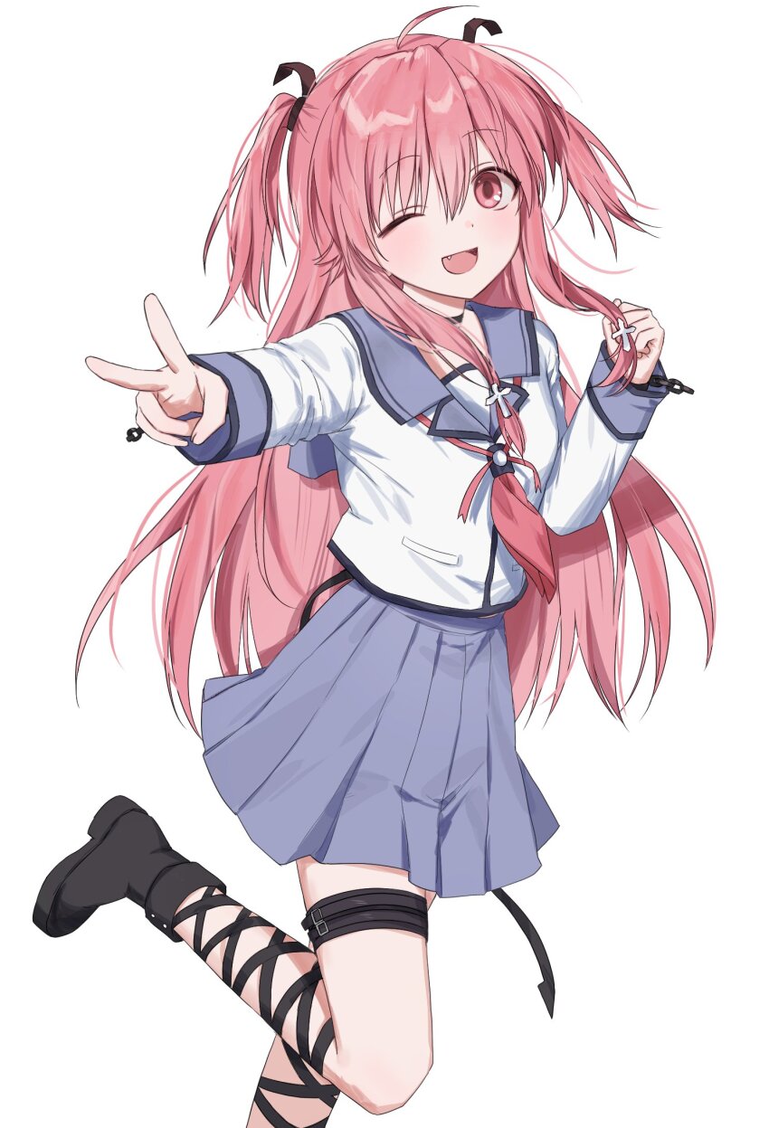 1girl ;d ahoge angel_beats! black_boots blue_skirt blush boots clenched_hand commentary_request cross_hair_ornament demon_tail eyes_visible_through_hair fake_tail fang foot_out_of_frame foot_up hair_between_eyes hair_ornament hand_up happy highres korean_commentary long_hair long_sleeves looking_at_viewer neckerchief one_eye_closed open_mouth outstretched_arm pink_eyes pink_hair pink_neckerchief pleated_skirt saang2cm sailor_collar shinda_sekai_sensen_uniform sidelocks simple_background skirt smile solo standing standing_on_one_leg straight_hair tail thigh_strap two_side_up v very_long_hair white_background white_sailor_collar yui_(angel_beats!)