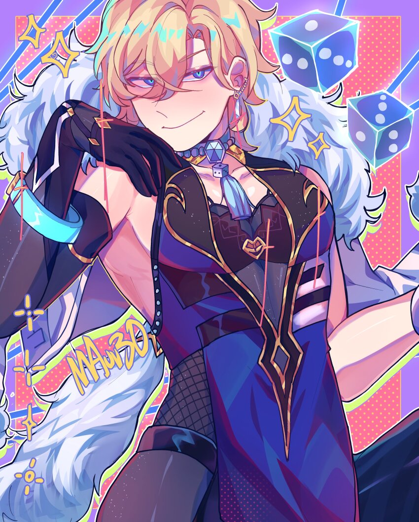1boy absurdres asymmetrical_gloves aventurine_(honkai:_star_rail) bead_choker beads blonde_hair blue_eyes cape coat cosplay crossdressing crossdressing_(mtf) dice earrings elbow_gloves feather-trimmed_jacket fishnets fur-trimmed_jacket fur_(clothing) fur_scarf fur_trim genshin_impact gloves halftone halftone_background highres honkai:_star_rail honkai_(series) jacket jacket_on_shoulders jacket_over_shoulder jewelry looking_at_viewer male_focus mauv30 mihoyo mismatched_gloves multicolored_eyes neck_tassel pectorals single_elbow_glove smile solo tassel tassel_choker thighhighs two-tone_eyes unworn_coat unworn_jacket yelan_(genshin_impact) yelan_(genshin_impact)_(cosplay)