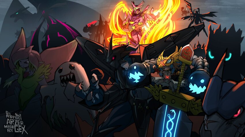 angewomon bakemon bombernanimon braid centalmon cherubimon cherubimon_(vice) cherubimon_(vice)_x-antibody covered_eyes devimon digimon digimon_(creature) examon highres lilamon long_hair magnamon_(battle_park) mask minervamon minervamon_x-antibody ragnalordmon shoutmon_x4 v-dramon wings woodmon