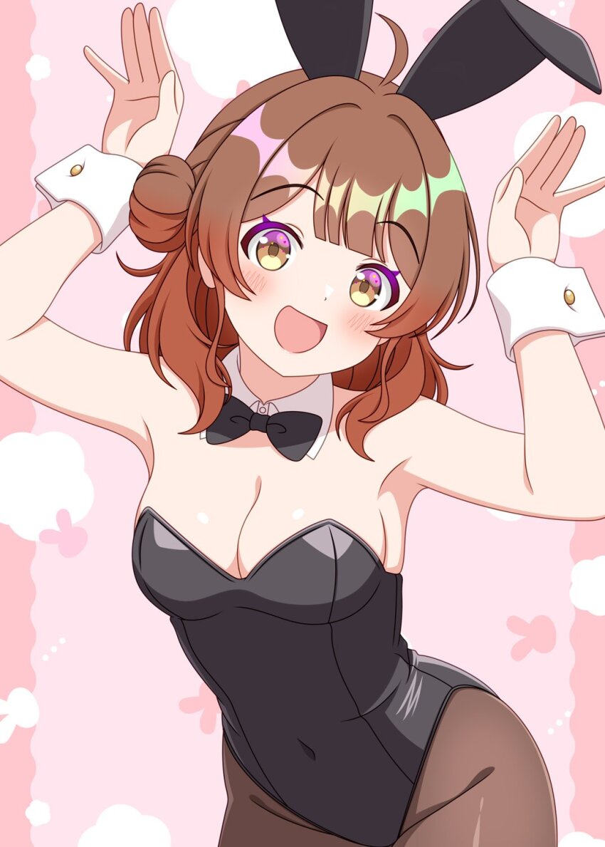 1girl ahoge animal_ears bare_shoulders black_bow black_bowtie black_leotard black_pantyhose blush bow bowtie breasts brown_eyes brown_hair cleavage collar covered_navel gakuen_idolmaster gradient_hair hanami_ume highres idolmaster large_breasts leotard looking_at_viewer medium_breasts multicolored_hair navel oorai_(asdathrtuj) open_mouth pantyhose playboy_bunny rabbit_ears smile solo wrist_cuffs