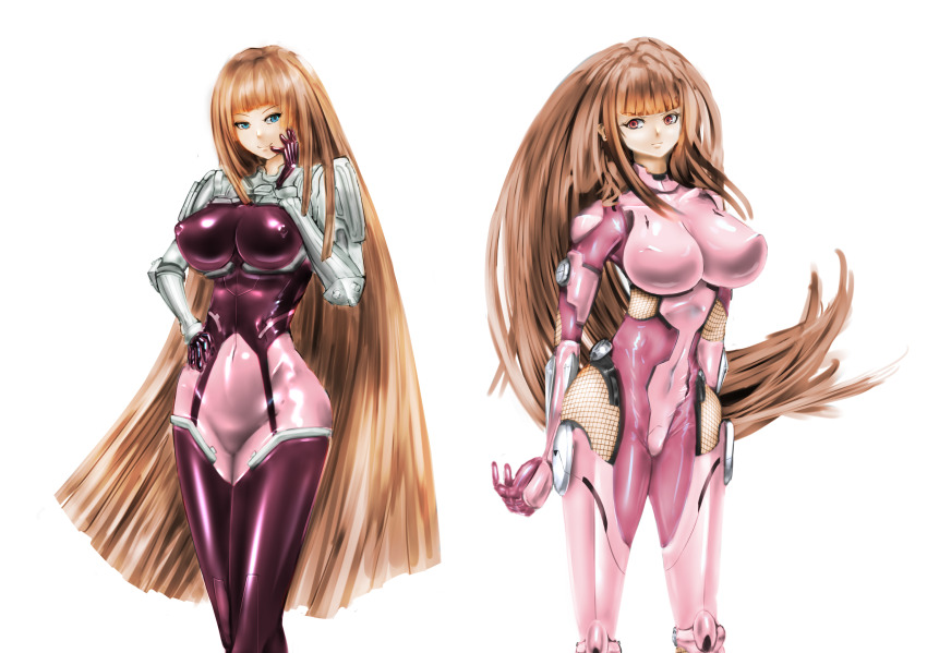 2girls blue_eyes blunt_bangs blunt_ends bodysuit breasts brown_hair closed_mouth cosplay costume_switch covered_erect_nipples covered_navel crossover fishnet_fabric highres impossible_bodysuit impossible_clothes ken_marinaris koukawa_asuka large_breasts light_brown_hair long_hair look-alike looking_at_viewer monster_misosiru1000 multiple_girls pink_bodysuit red_bodysuit red_eyes shiny_clothes simple_background skin_tight smile standing taimanin_(series) taimanin_suit very_long_hair white_background zone_of_the_enders_2