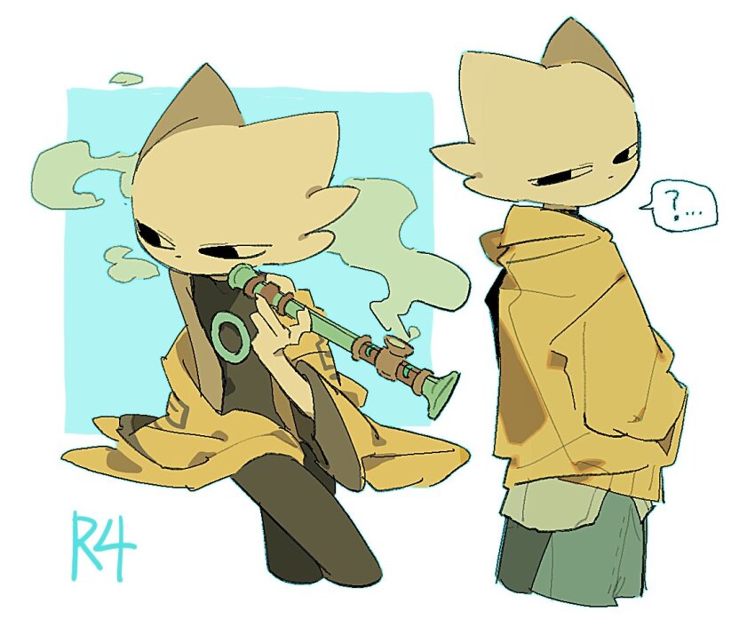 ... 1boy ? black_bodysuit bodysuit cat_boy contemporary furry furry_male hands_in_pockets holding holding_smoking_pipe hood hoodie https_9w looking_back male_focus multiple_views nine_sols sitting smoke smoking_pipe spoken_ellipsis spoken_question_mark standing white_background yellow_hoodie yi_(nine_sols)