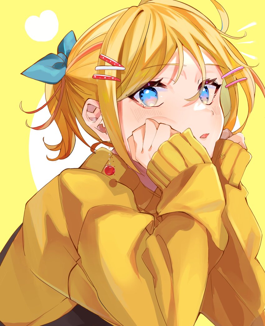 1girl absurdres aqua_bow blonde_hair blue_eyes bow cheek_rest commentary earrings eyelashes hair_bow hair_ornament hairclip hands_on_own_cheeks hands_on_own_face head_rest highres inubangarou jewelry kagamine_rin light_blush looking_at_viewer parted_lips ponytail short_ponytail sideways_glance solo surprised sweater vocaloid yellow_background yellow_sweater