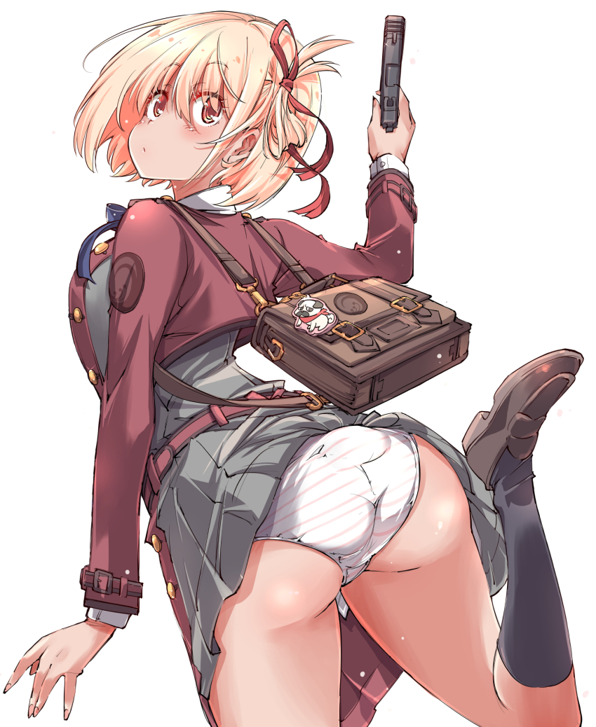 1girl ass belt black_socks blonde_hair blush closed_mouth dress grey_dress gun hair_ribbon hand_up handgun highres holding holding_weapon leg_up loafers long_sleeves looking_at_viewer lycoris_recoil lycoris_uniform medium_hair neck_ribbon nishikigi_chisato panties pantyshot pose_request red_belt red_dress red_eyes red_ribbon ribbon shoes simple_background socks solo two-tone_dress underwear weapon white_background yazawa_mana