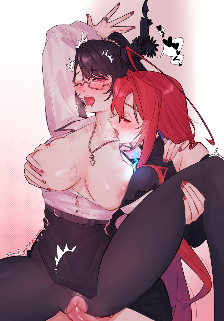 1futa 1girl absurdres bite_mark bite_mark_on_breast biting black_hair black_pantyhose black_skirt blue_fire breast_press breasts breasts_out elisbian elizabeth_rose_bloodflame elizabeth_rose_bloodflame_(1st_costume) fire fire_on_chest futa_with_female futanari grabbing_another&#039;s_breast groping hand_on_another&#039;s_shoulder hands_on_another&#039;s_leg hickey highres hololive hololive_english jewelry large_breasts leg_up licking licking_another&#039;s_neck nail_polish necklace nerissa_ravencroft nerissa_ravencroft_(casual) nipples open_clothes open_shirt pantyhose penis pussy red_eyes red_hair sex sex_from_behind skirt torn_clothes torn_pantyhose vaginal virtual_youtuber
